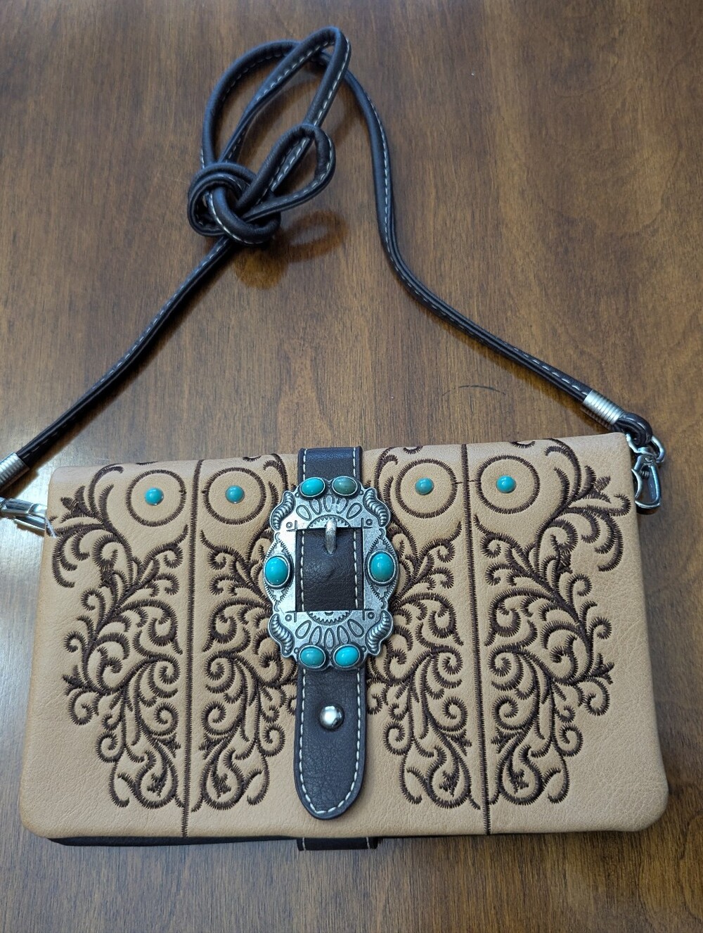 NWOT American Bling Crossbody to Clutch Purse embroidery Grommets turquoise